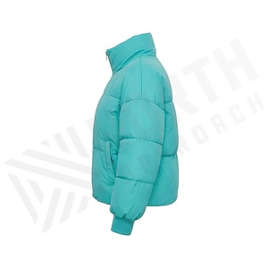 Turquoise Quilted Jacket Full Sleeve Stand Collar Winter Short Length Polyester Filling Zipper Closure - Product Image 3