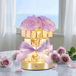 Elegante Lampada Notturna con Decorazione Floreale Viola, Base in Cristallo, 3 Colori Cangianti, Alimentazione Touch e USB, Idea Regalo Romantica - Product Image 1