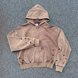 Sweat à capuche zippé pour homme, color block, à manches raglan cloutées, imprimé lettres, effet vintage délavé à l'acide, brodé - Product Image 6