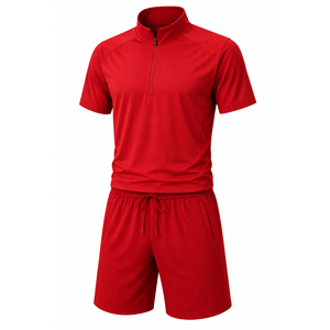 Men's Red Quarter-<b>Zip</b> Short Sleeve Top With Drawstring Shorts Set Solid Color Sporty Style Quick Dry Knitted Polyester Summer - Product Image 6