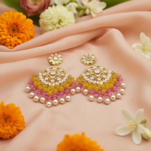 Pendientes colgantes de oro chapado con piedras Kundan y cuentas Meenakari con Maangtikka, joyería de moda. - Product Image 3