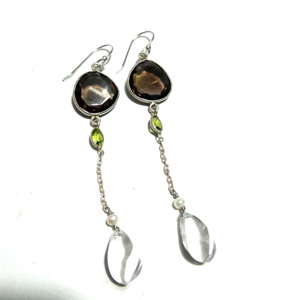 Natural Smoky Quartz <b>Crystal</b> Quartz Peridot Dangle Earring 925 Sterling Silver Handmade Gemstone Designer Drop Earring Unisex - Product Image 3