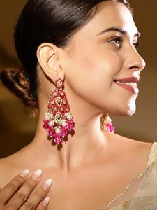 Boucles d'oreilles pendantes Kundan pour femmes, plaquées or, en alliage de zinc, zircon, imitation perle rose, style bohème, pour mariage, Chine - Product Image 6