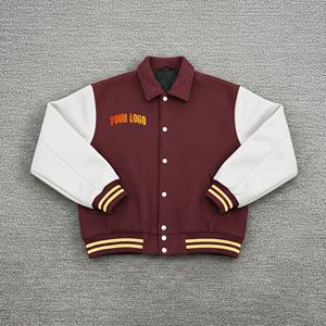 Nouvelle veste varsity pour homme de couleur marron avec manches blanches, logo brodé, col rabattu, coupe classique, pour l'automne - Product Image 1