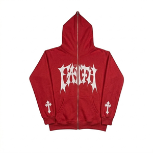 Micah Corporation Custom New Gothic <b>Zip</b>-<b>Up</b> Unisex Black Cotton Knitted Oversized Winter Hoodie <b>White</b> Letter Logo Cross Print - Product Image 6