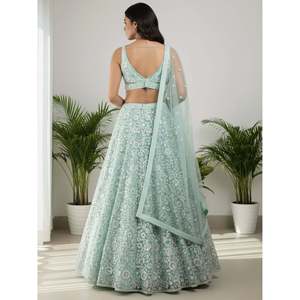 Sparkling <b>Green</b> Sequin Embroidered <b>Net</b> Reception Lehenga Choli - Product Image 4