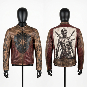 เสื้อแจ็คเก็ตหนังสไตล์โกธิค ลายโครงกระดูก สำหรับผู้ชาย สีน้ำตาลแดง แต่งลายขาดๆ แบบนักขี่มอเตอร์ไซค์ พร้อมกราฟิกโล่ห์แบบกำหนดเอง เสื้อคลุมแนวสตรีทแฟชั่นสำหรับขี่มอเตอร์ไซค์ - Product Image 1