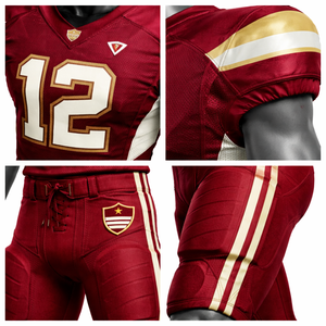 Ensemble d'uniformes de football américain personnalisés pour hommes, maillot et pantalon bordeaux et or, en polyester respirant, vêtements de sport d'équipe, kit d'entraînement - Product Image 6