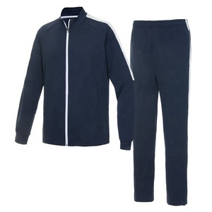 Ensemble de survêtement unisexe bleu marine, veste à fermeture éclair et col montant, pantalon à rayures blanches, vêtements de sport respirants en polyester - Product Image 1