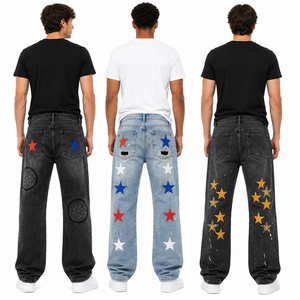 Jeans personnalisés pour hommes à imprimé étoiles, coupe large, effet usé, denim délavé vintage, style streetwear décontracté, coupe droite ample, vente en gros OEM - Product Image 2
