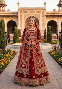Red <b>Velvet</b> <b>Saree</b> Set Traditional Wedding Lehenga Choli Net Dupatta Faux Georgette Regular Fit In-Stock Bride Ceremony From India - Product Image 1