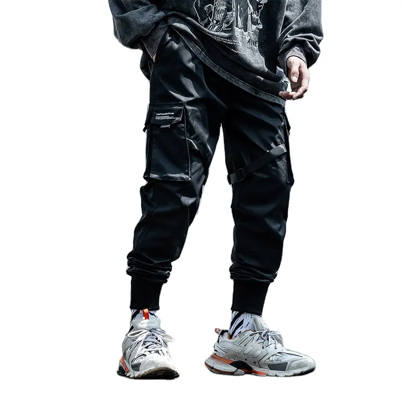 Mens Casual Multi Pocket Loose Cargo Track Pants Custom Black Polyester Tactical Pants With Tape