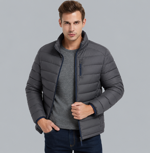 Veste matelassée bleu marine pour homme, col montant, fermeture éclair, coupe-vent décontractée, rembourrage en polyester, pour l'automne - Product Image 1