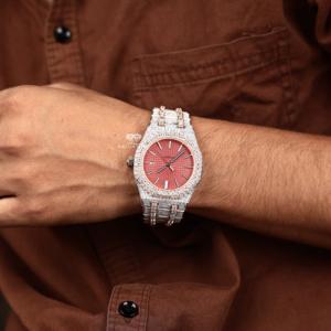 Reloj de Lujo para Hombre, Completamente Cubierto de Diamantes Moissanite, Esfera con Diseño de Barra, Tono Oro Rosa, Acero Inoxidable, Estilo Hip Hop, Brillante - Product Image 3