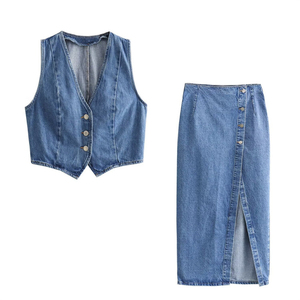 Jupe midi chic d'été pour femme, style double volant, taille haute vintage, décontractée, en jean, taille naturelle, Mujer - Product Image 4