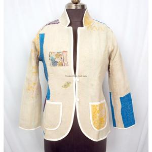 Veste Kantha pour femmes, faite à la main, vintage, manches longues, col en V, écologique, tricotée en coton indien, broderie, automne-hiver - Product Image 1