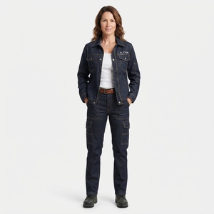 <b>Women</b> Dark Blue Denim <b>Jacket</b> And <b>Cargo</b> Pants Set Utility Two Piece Matching Denim Outfit Casual Workwear Fashion - Product Image 1