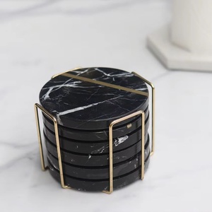 Sous-verres ronds modernes en marbre noir avec support en métal doré, tapis antidérapants en pierre, épaisseur 6 mm - Product Image 1