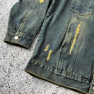 OEM Custom Men's Street Style Denim <b>Jacket</b> Vintage Distressed Shredded Acid Wash Jean Coat with Button Stone Washed for Men - Product Image 5