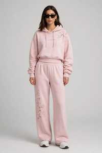 Women's <b>Pink</b> Hooded Tracksuit Set Floral Embroidery <b>Sweatshirt</b> Wide Leg Pants - Product Image 4