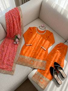 Traje Palazzo de Seda Georgette Naranja OEM a Precio de Fábrica, Ropa Étnica Tradicional India, Traje Salwar Kameez Bordado a Mano - Product Image 5