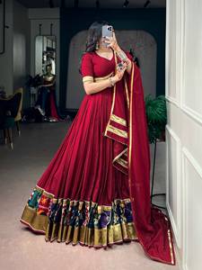 Traditional Wedding Wear <b>Women</b> Navratri Special Rayon Multicolored Embossed Printed Lace Work Floor-Length <b>Lehenga</b> Choli Sun - Product Image 1