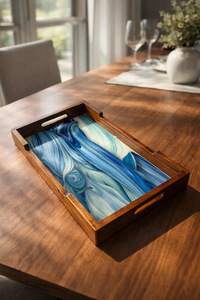 Luxury Wooden Resin Serving Tray Blue Ocean <b>Epoxy</b> Inlay Rectangular Breakfast Tray Premium Solid Wood Coffee <b>Table</b> Decorative - Product Image 6