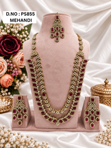 Radiant Cut CZ Stone Double Layer Long Necklace With Coordinating Tika & Dangle Earrings Fashion <b>Jewelery</b> Set For Women Supplier - Product Image 5