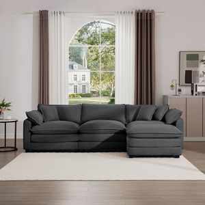 Divano a 3 Posti a L in Velluto a Coste Grigio con 1 Poggiapiedi e Pouf per Soggiorni Piccoli - Product Image 2