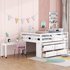 Letto a Soppalco in Legno Bianco con Scrivania Retrattile e 4 Cassetti, Mensole Laterali Portatili per Bambini - Product Image 1