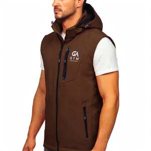 GYM Active <b>Brown</b> Hooded Fleece <b>Vest</b> Breathable Unisex Zipper Pockets Logo Front Casual Autumn Washed Nylon/Cotton Hooded Stand - Product Image 5