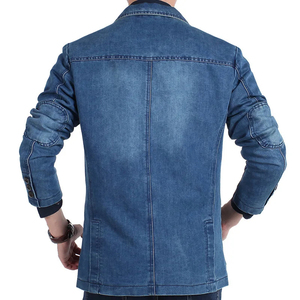 Men's Slim Fit Denim Blazer <b>Smart</b> <b>Casual</b> <b>Jacket</b> Turn Collar Single Breasted Blue Washed Cotton Lining Winter Outerwear Front - Product Image 2