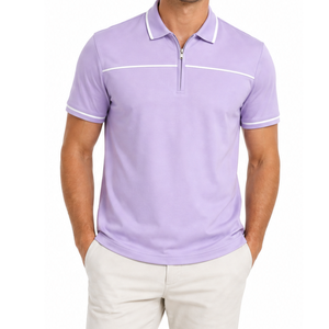 Polo à col zippé pour homme, best-seller, lavande, violet clair, avec bordure blanche, manches courtes - Product Image 1