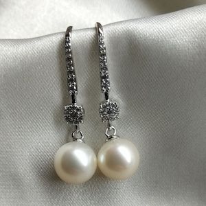 Boucles d'oreilles en argent S925 de haute qualité, perles rondes d'eau douce lisses de 9 à 10 mm avec zircone cubique dense, crochet d'oreille généreux - Product Image 3
