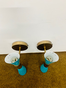 1950s Mid Century Italian Diabolo Metal <b>Wall</b> <b>Sconce</b> Pair 2 Bulb Round Folk Art Fixture Lamp Antique Light Blue - Product Image 3