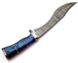 Cuchillo de Camping de Hoja Fija de Acero de Damasco, Espiga Recta, 28cm, Mango Pulido de Hueso de Camello Azul Rey, DIY OEM - Product Image 6