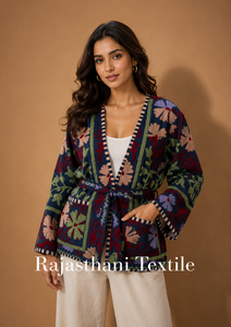Pink Suzani Embroidered Knitted Velvet Quilted Reversible Bomber <b>Jacket</b> Vintage <b>Hippie</b> Style Autumn Winter Breathable Nylon Wool - Product Image 5