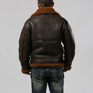 Blouson aviateur en cuir d'agneau véritable pour homme avec col montant et logo frontal, blouson de moto épais avec doublure en cuir d'agneau - Product Image 4