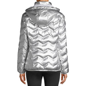 Hooded Puffer <b>Jacket</b> <b>Silver</b> Plaid Pattern Windproof Zipper Front Regular Length Unisex Casual Winter Outerwear Polyester/Nylon - Product Image 2