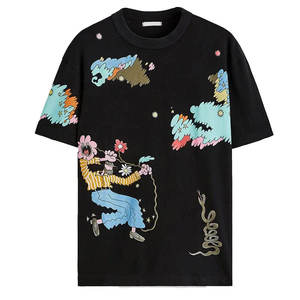 เสื้อยืดแขนสั้นสีดำผู้ชาย พิมพ์ลายการ์ตูน ทรงโอเวอร์ไซส์ คอกลม สไตล์สตรีท ผ้าเจอร์ซีย์ ผ้าฝ้าย ทรงปกติ - Product Image 1