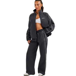 <b>Women's</b> Cropped Full <b>Zip</b> High Collar Tracksuit Set <b>Top</b> Wide Leg Trousers Elastic Drawstring Waist Two Piece Casual Lounge Outfit - Product Image 1
