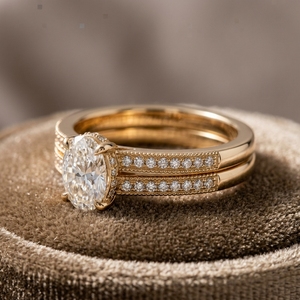 Ensemble de bagues de mariage classiques vintage avec diamant de laboratoire taille ovale, bague de fiançailles solitaire et alliance assortie en or jaune pavé milgrain - Product Image 3