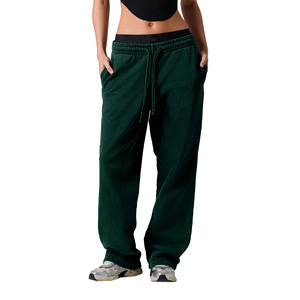 Women's Green Fleece Wide Leg Sweatpants Mid Waist Drawstring Casual Loose Fit Full Length Solid Color Cotton Pants Autumn Style - Product Image 2