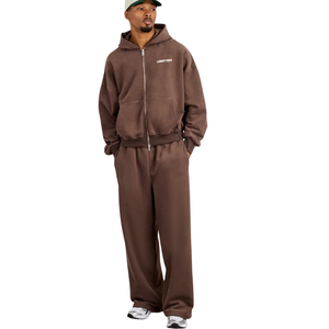 Men's Two Piece Hooded Tracksuit Full Zip Sweatshirt Drawcord Hem Elastic Waist Wide Leg <b>Trousers</b> Loose Casual Lounge Outfit Set - Product Image 6