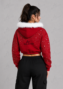 SALSTAR Sweat à capuche court rouge avec bordure en fourrure blanche, imprimé à pois scintillants, veste polaire pour femme, pull d'hiver à manches longues - Product Image 2