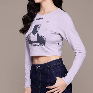 เสื้อครอปแขนยาวสีลาเวนเดอร์สำหรับผู้หญิง พิมพ์ลายภูเขา คอกลม ผ้าถักลำลอง 100% ผ้าฝ้าย แขนยาว ทรงพอดีตัว - Product Image 3