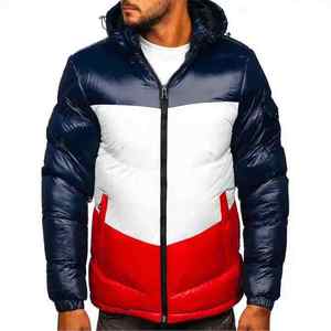 Blouson d'hiver long à capuche pour homme, style vintage, rembourré en duvet, coloris bleu marine, blanc et rouge, coupe décontractée, épais et chaud, fermeture éclair, coupe classique - Product Image 1
