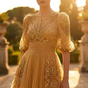 Vestido de Malla con Lentejuelas Doradas Personalizado OEM/ODM, Vestido de Cóctel de Tul con Cuello en V y Manga Larga, Fabricante de Ropa de Fiesta de Alta Calidad - Product Image 1