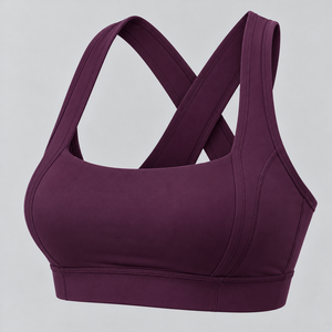 Sujetador deportivo de soporte medio para mujer, color morado liso, cuello cuadrado, tirantes cruzados - Product Image 6