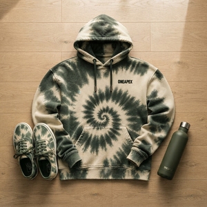 Sweat-shirt à capuche personnalisé vert crème tie-dye pour homme, streetwear, avec logo - Product Image 4
